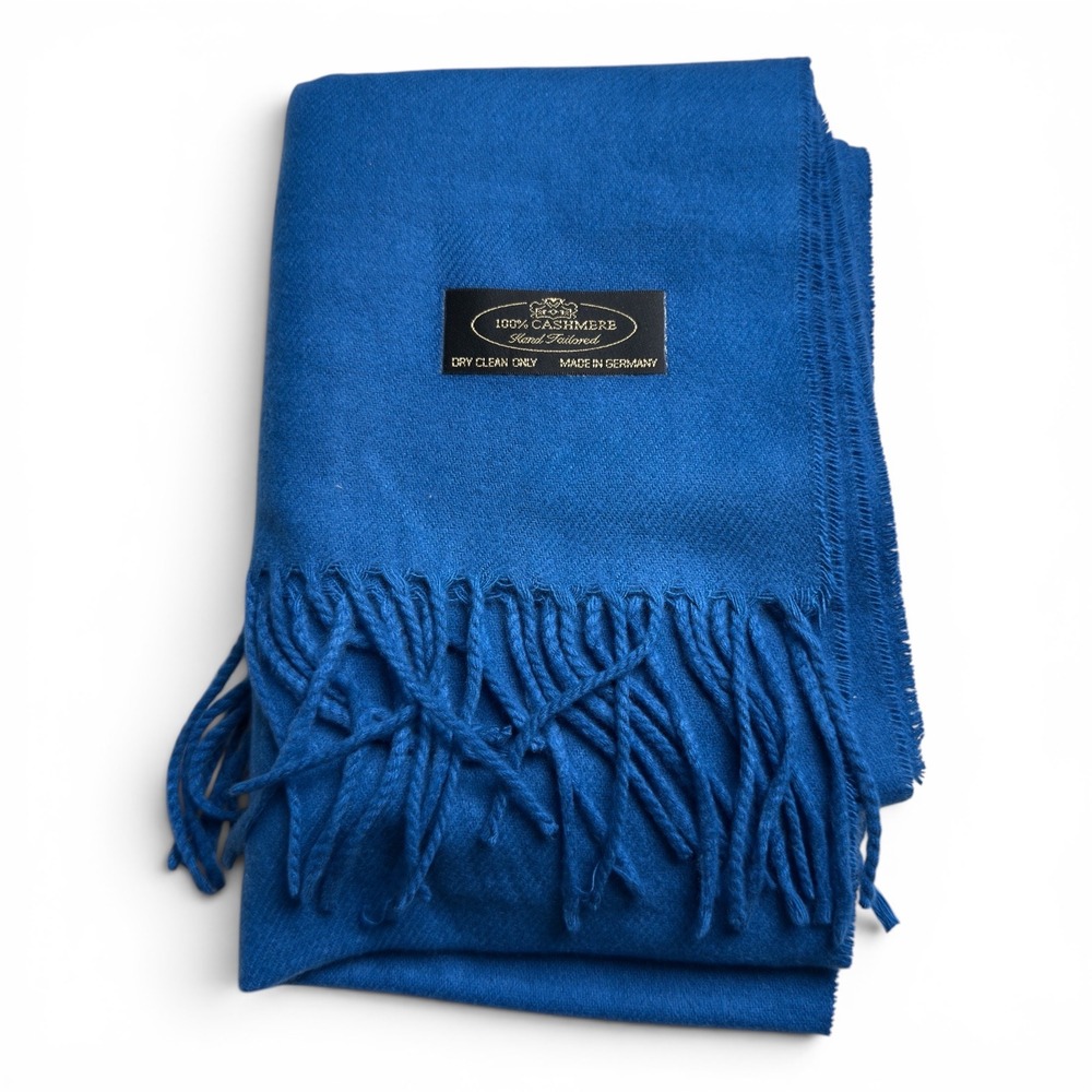 NWOT Cashmere Scarf Royal Blue Unisex OS Luxury Made in Germany Fringe Soft Wrap